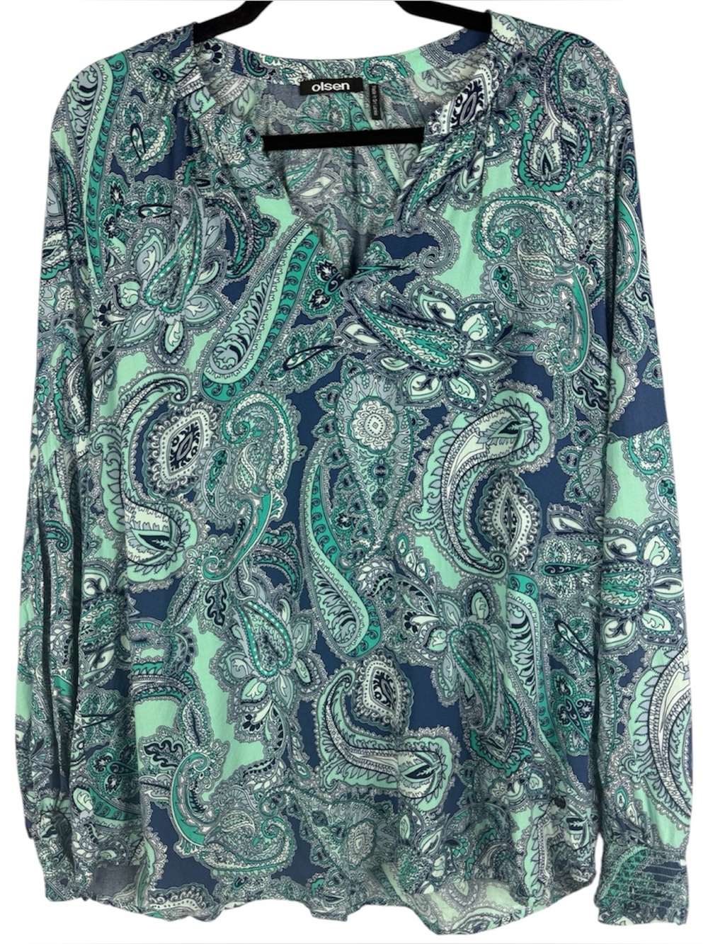 Olsen Europe Mint Green Navy Paisley Viscose Blouse Notch Neck Smocked Cuff L/12